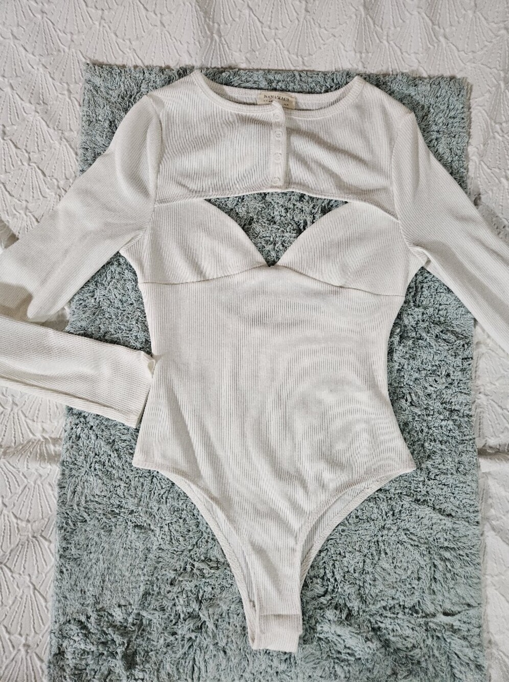 Nanamacs Ribbed White Cutout Long Sleeve Bodysuit Size Small
